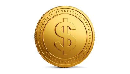 Golden dollar coin on white background