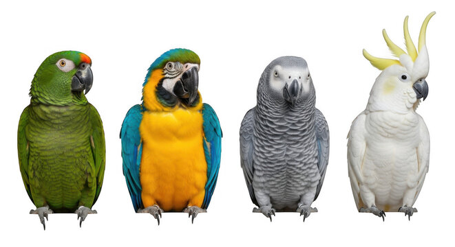 Four beautiful parrots of different species perched on a branch isolated on a black background demonstrating their vibrant colors and unique features