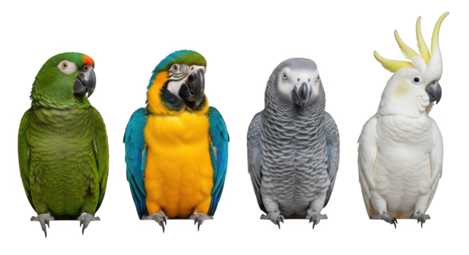 Four beautiful parrots of different species perched on a branch isolated on a black background demonstrating their vibrant colors and unique features