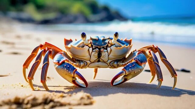 Macro photo of a crab walking on the beach sand. Wildlife theme background concept..