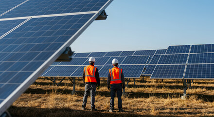 Engineer inspecting alone solar panel system. Using renewable energy sources to help with climate change.