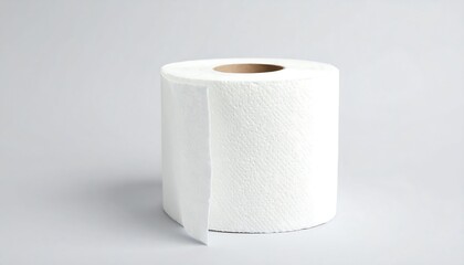 A single roll of white toilet paper rests on a plain gray background.