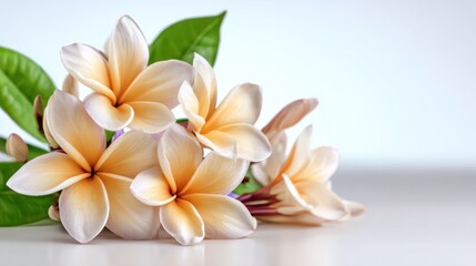 Fragrant Plumeria Bloom: Exquisite plumeria flowers with soft, pastel petals, delicate leaves, creating a serene and elegant floral arrangement.