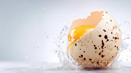 Eggshell in Action: Capturing the dynamic moment as a speckled egg bursts open, releasing its golden yolk and creating a splash of liquid, symbolizing birth or the breaking of boundaries.