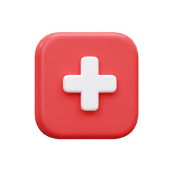 Fototapeta premium A vibrant, three-dimensional rendering showcases a white cross symbol, centrally positioned on a rounded, red square, evoking a sense of medical care and support.