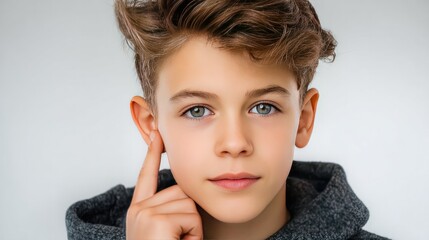 Young Man's Thoughtful Expression: A close-up portrait of a young man, his striking blue eyes locked in direct gaze. Captured in natural light
