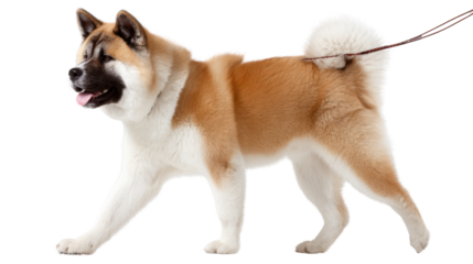 Akita dog walking on a leash, showcasing its playful demeanor and fluffy coat.