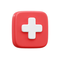 Fototapeta premium A vibrant, three-dimensional rendering of a red square with rounded edges, prominently featuring a white cross symbol, conveying a sense of medical or emergency services.