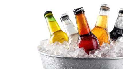 Assorted bottled beverages in ice bucket, refreshing drinks for a party, white isolate background.