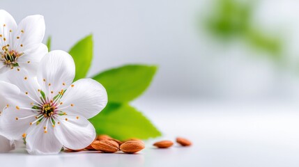 Blossom Beauty: Delicate white blossoms and vibrant green leaves in a serene composition, accompanied by a scattering of almonds, conveying the essence of spring
