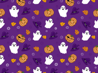 Halloween seamless background with pumpkins, autumn leaves, white ghosts, and witch hats. Good for textile fabric design, wrapping paper, website wallpaper, wallpaper, and apparel. vector illustration