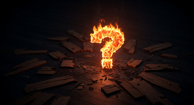 A burning question mark glows ominously on a dark, textured surface, surrounded by shattered pieces of wood, creating a dramatic and mysterious atmosphere. - Powered by Adobe