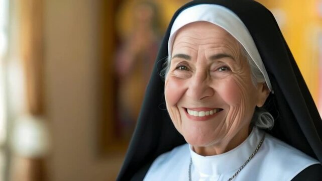 Mature Catholic nun woman in apostolic smiling and looking at camera..