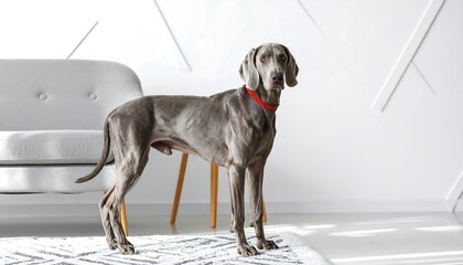 A gray whippet stands proudly in a modern, light-filled room, its red collar a striking accent against the neutral backdrop.