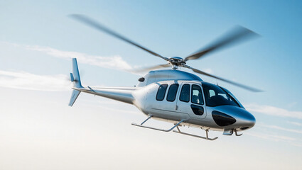 a sleek silver helicopter with spinning rotors