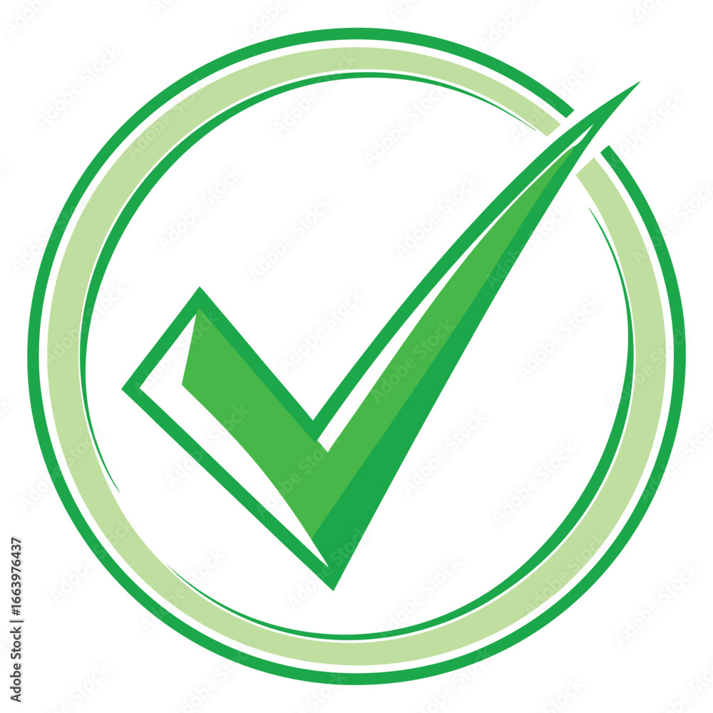 Poster green check mark inside a double green circular outline with shading tick confirmation