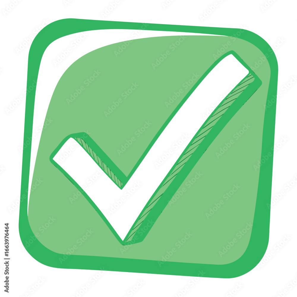 Poster green check mark inside a rounded square with a hand drawn outline tick confirm