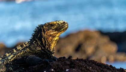 A close-up view of a Galapagos marine iguana basking on volcanic rock near the ocean.