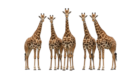 A herd of five giraffes stands together on a black background showcasing their iconic spotted patterns and long necks in a detailed wildlife portrait