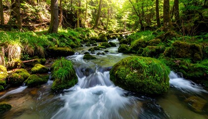 A tranquil forest stream cascades over mossy rocks, bathed in the sunlight filtering through the trees.