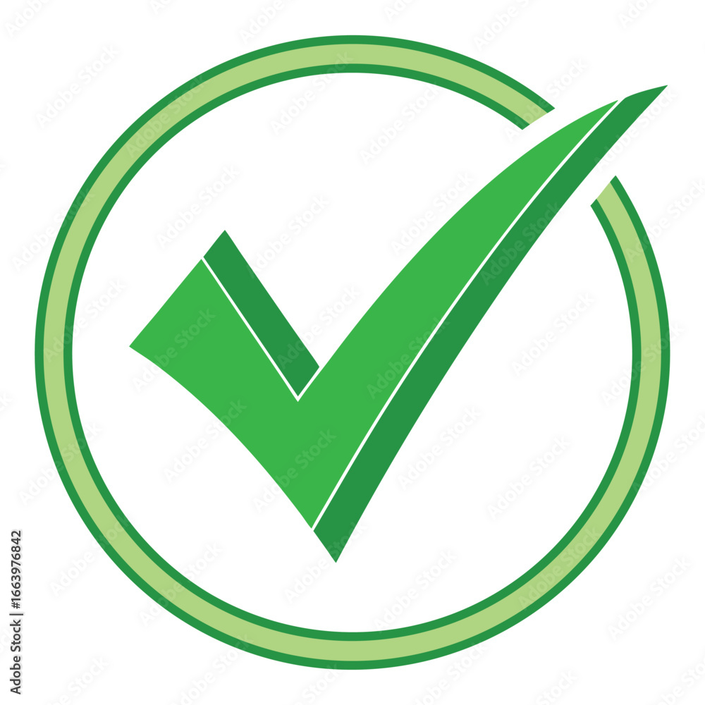Poster green check mark within a double green circle on a white background tick correct