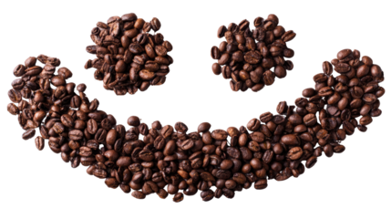 Coffee beans arranged in a smiley face formation on a white background.