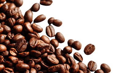 Naklejka premium Coffee beans on black background, rich texture and aroma, perfect for coffee lovers.