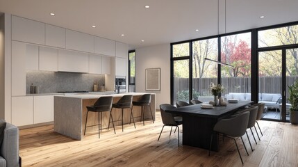Modern kitchen and dining area with large windows.