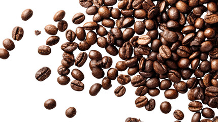 Naklejka premium Coffee beans scattered on a surface, showcasing rich color and texture.
