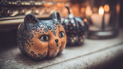 Decorative cat and pumpkin figurines with intricate patterns on a soft-focus autumn background