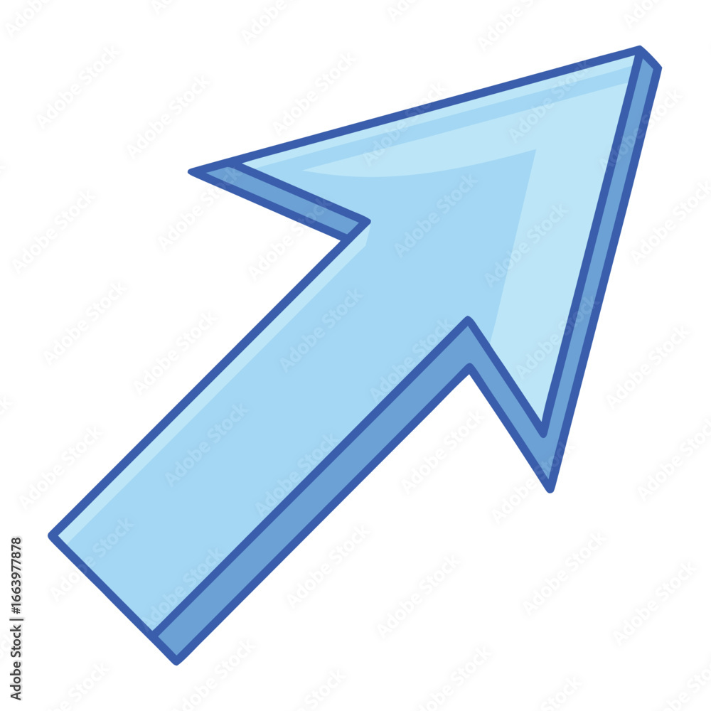 Poster light blue arrow pointing diagonally upwards with 3d effect direction pointer