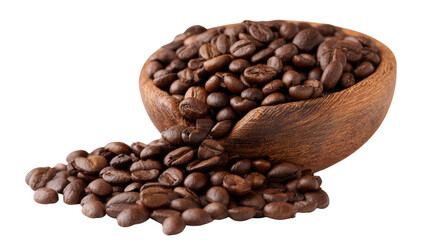 Fototapeta premium Coffee beans spilling from a wooden bowl on white isolated background.