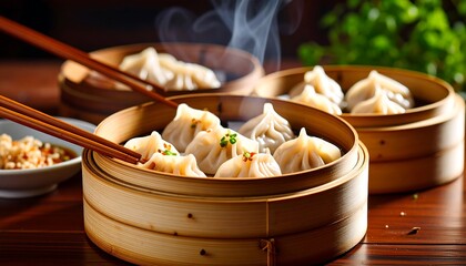 Steaming dumplings are presented in a traditional bamboo steamer, ready to be enjoyed.  A close-up view showcases the delicate dumplings and enticing aromas.