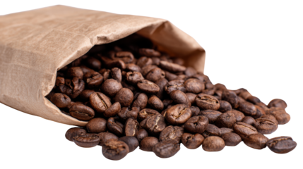 Coffee beans spilling out of a brown paper bag on a white isolate background.