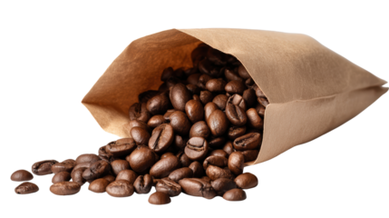 Coffee beans spilling out of a brown paper bag, isolated on a white background.