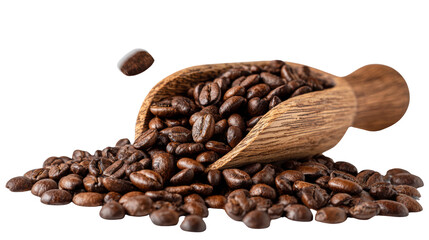 Obraz premium Coffee beans spilling from a wooden scoop on a white isolate background.