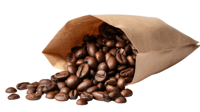 Coffee beans spilling out of a brown paper bag, isolated on a white background.
