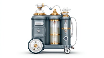 Fototapeta premium Elaborate grey & gold machine with glass tubes sits on cart with white background