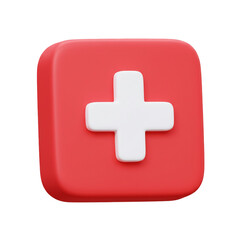 Obraz premium A vibrant three-dimensional rendering showcases a red square with a raised white cross, symbolizing concepts like addition, healthcare, or assistance, against a dark backdrop.