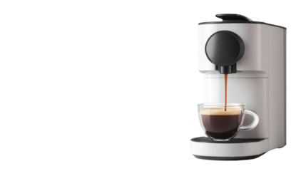 Coffee machine brewing fresh espresso into a glass cup, isolated on white background.