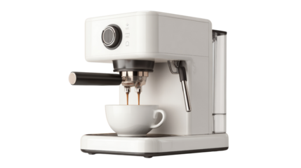 Coffee machine brewing espresso into a white cup, isolated on white background.
