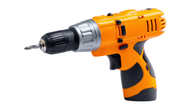Cordless drill with orange and black design, isolated on white background.
