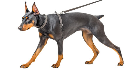 Doberman dog on a leash, isolated on white background.