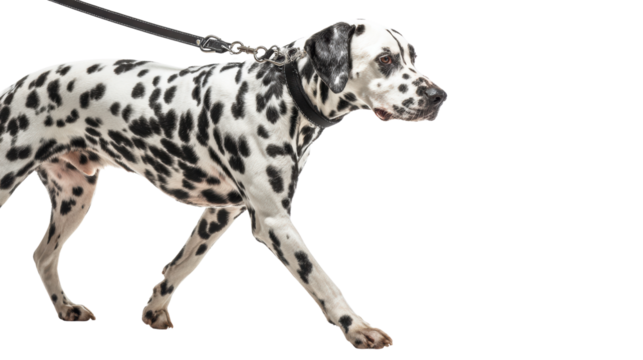 Dalmatian dog walking on a leash, white isolated background