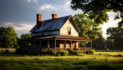 A weathered farmhouse stands majestically on a sun-drenched, verdant field, its aged wooden porch and rusty roof casting a warm, nostalgic glow under a partly cloudy sky.