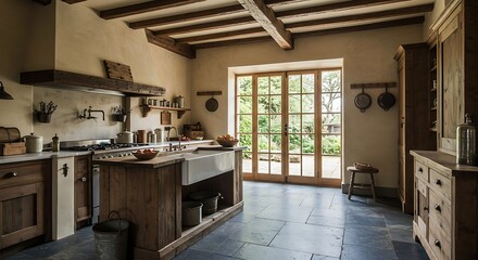 A warm and inviting rustic farmhouse kitchen interior with a wooden island, exposed ceiling beams, and stone flooring illuminated by natural light from garden doors