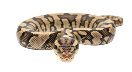 Obraz premium Close Up Front View of a Patterned Python Coiled Against a Black Background Showing Its Head and Scales in Detail