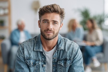 Naklejka premium A man in a denim jacket sitting in front of a group of people