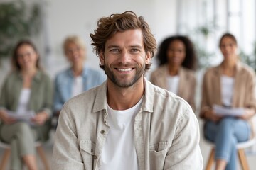 Obraz premium A man sitting in front of a group of people in a meeting room