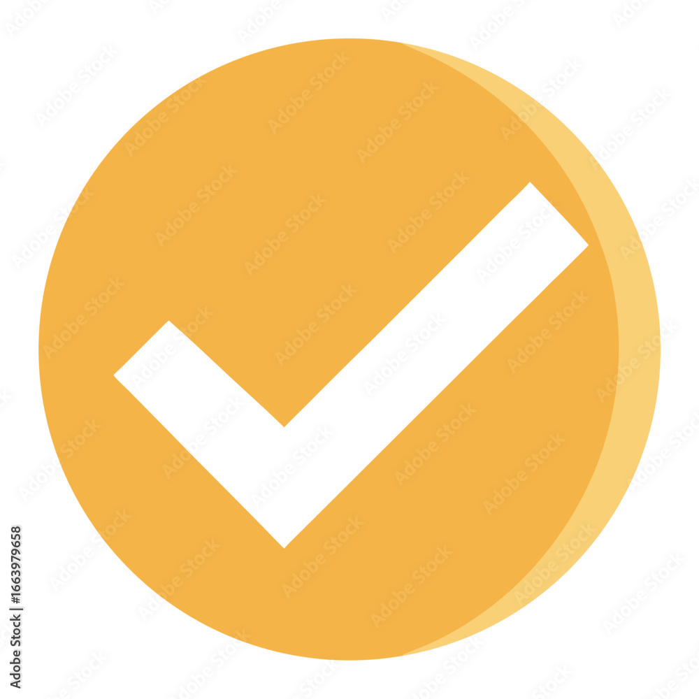 Poster white check mark inside orange circle with shadow on white background tick correct